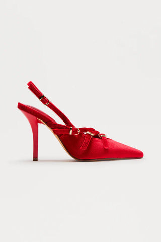 Cerese Buckle Velvet Pumps - Red