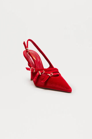 Cerese Buckle Velvet Pumps - Red