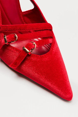 Cerese Buckle Velvet Pumps - Red