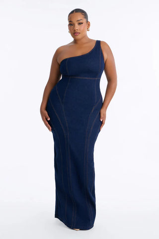 Camille One Shoulder Denim Maxi Dress - Dark Denim