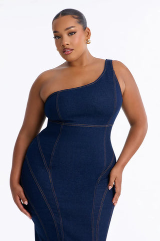Camille One Shoulder Denim Maxi Dress - Dark Denim