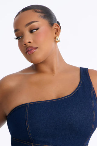 Camille One Shoulder Denim Maxi Dress - Dark Denim