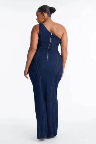 Camille One Shoulder Denim Maxi Dress - Dark Denim