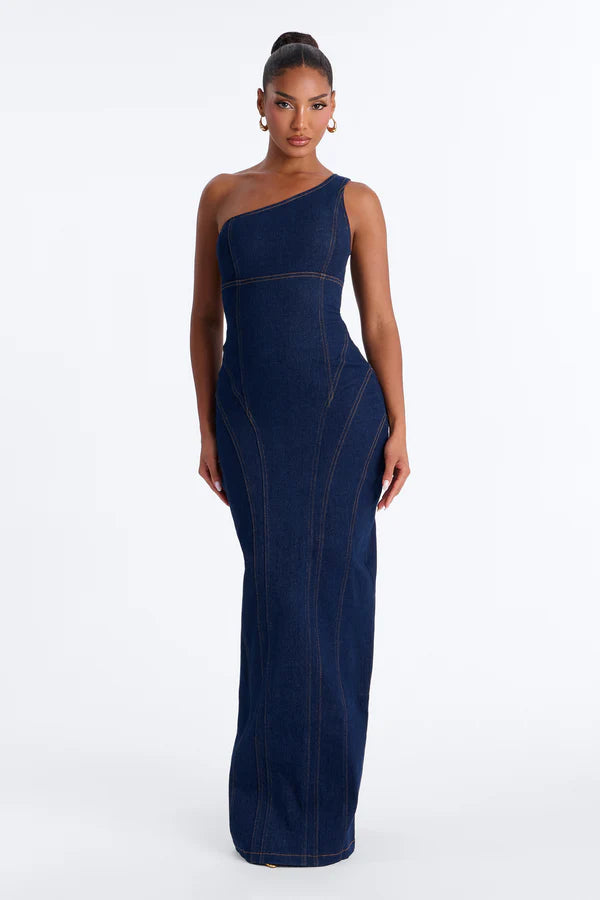 Camille One Shoulder Denim Maxi Dress - Dark Denim