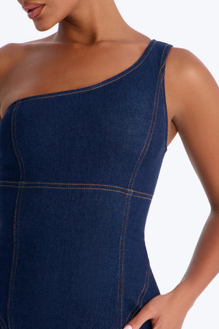 Camille One Shoulder Denim Maxi Dress - Dark Denim