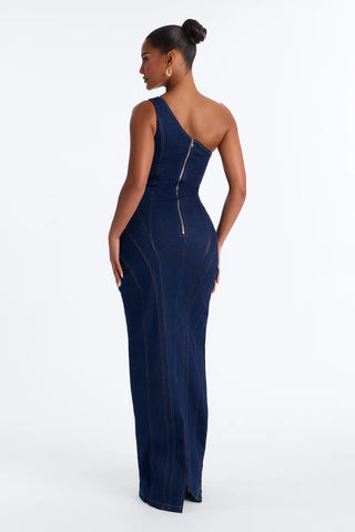 Camille One Shoulder Denim Maxi Dress - Dark Denim