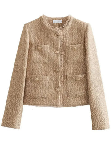 Round Neck Single-breasted Tweed Cardigan