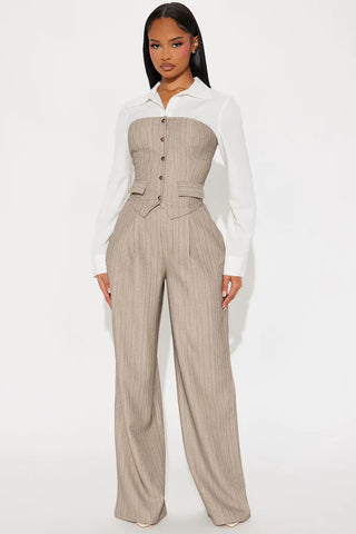 In Attendance Pinstripe Wide Leg Pant Set - Black