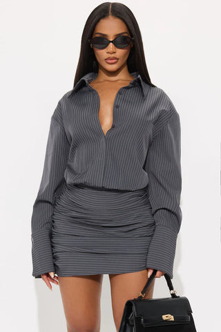 Maeve Collared Pinstripe Mini Dress - Grey