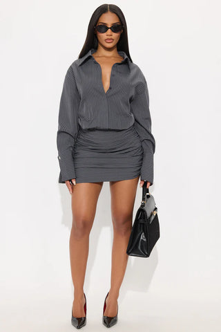 Maeve Collared Pinstripe Mini Dress - Grey