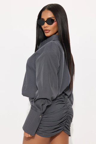Maeve Collared Pinstripe Mini Dress - Grey