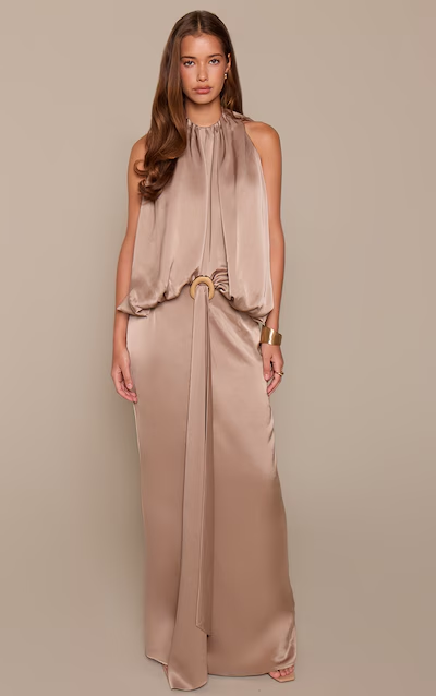 Lemon Satin Ruched Bodice Trim Detail Maxi Dress