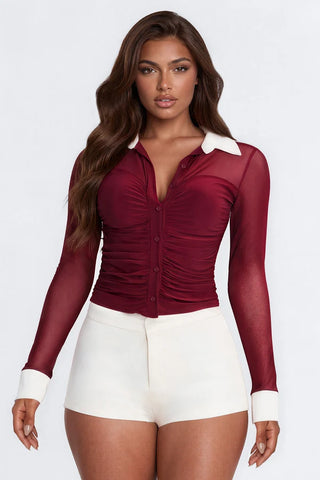 Strictly Yours Ruched Mesh Long Sleeve Shirt
