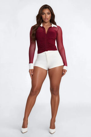 Strictly Yours Ruched Mesh Long Sleeve Shirt