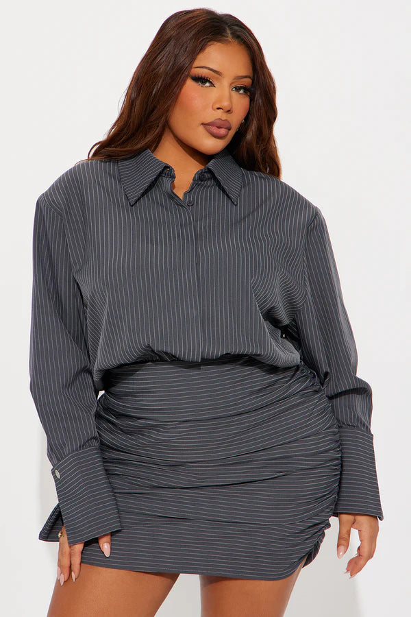 Maeve Collared Pinstripe Mini Dress - Grey
