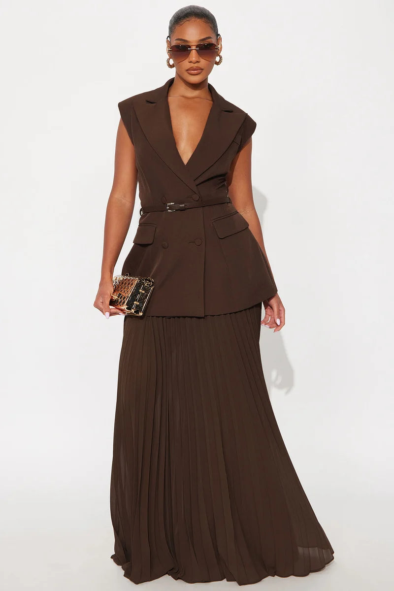 Aria Belted Blazer Pleated Maxi Skirt Set