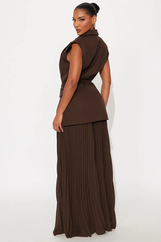Aria Belted Blazer Pleated Maxi Skirt Set
