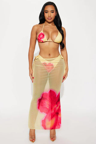 Kiana Flower Triangle 3 Piece Bikini & Maxi Skirt Set