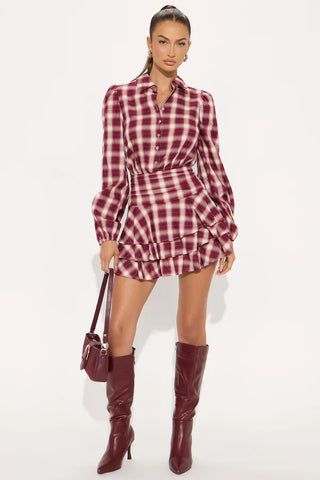 Pricilla Ruffle Flannel Micro Mini Dress - Red/combo
