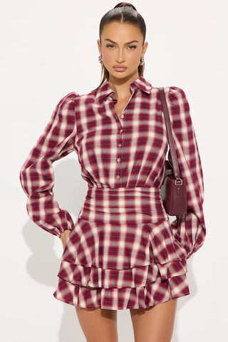 Pricilla Ruffle Flannel Micro Mini Dress - Red/combo