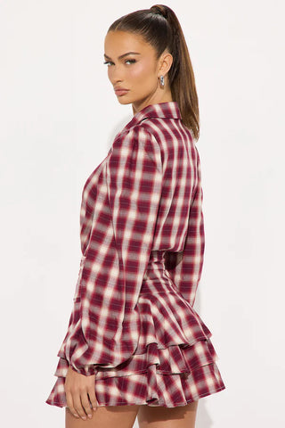 Pricilla Ruffle Flannel Micro Mini Dress - Red/combo