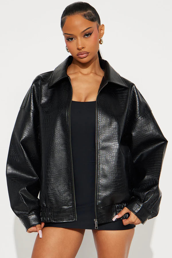 Lola Croc Faux Leather Bomber Jacket