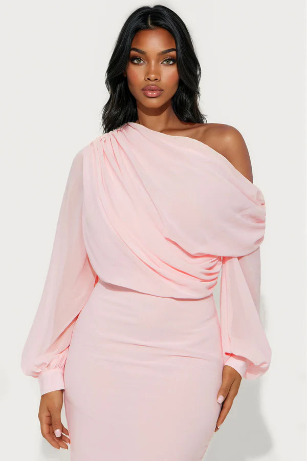 Sneak Peek One Shoulder Chiffon Midi Dress