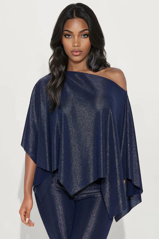 Paige Metallic Knit Draped Pant Set - Navy