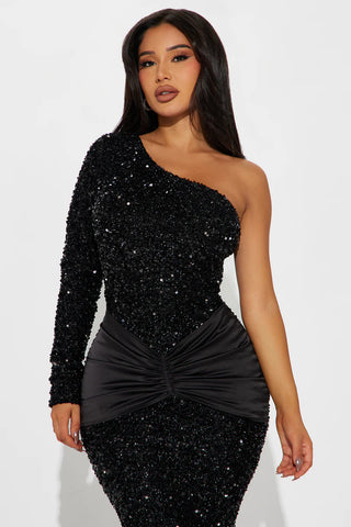 Ariel One Shoulder Sequin Gown - Black