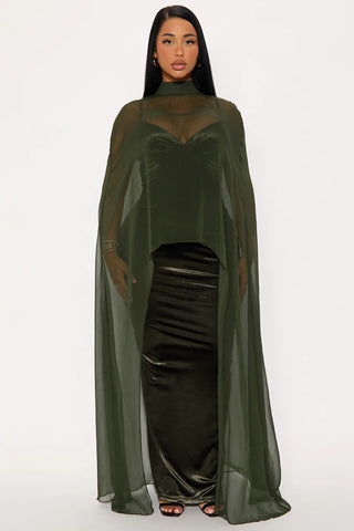 Velvet Pulse Caped Maxi Dress