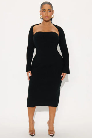 Twice As Cute Bolero Sweater Midi Dress Set - Black