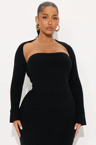 Twice As Cute Bolero Sweater Midi Dress Set - Black