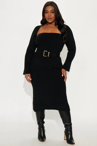 Twice As Cute Bolero Sweater Midi Dress Set - Black