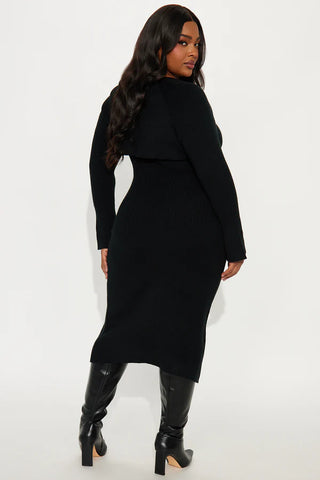 Twice As Cute Bolero Sweater Midi Dress Set - Black