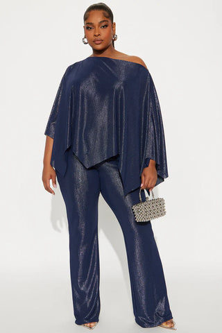 Paige Metallic Knit Draped Pant Set - Navy