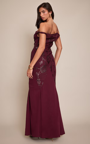 Wine Textured Bardot Godet Maxi Dress