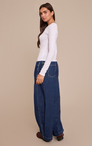 Indigo Pleat Side Wide Leg Jeans