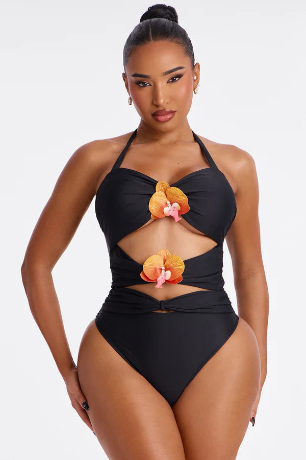 Paradise Orchid Flowers Cutout 1 Piece Swimsuit & Skirt Set