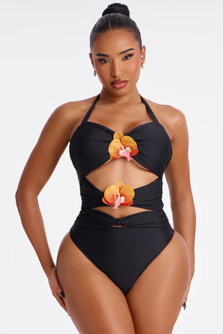 Paradise Orchid Flowers Cutout 1 Piece Swimsuit & Skirt Set