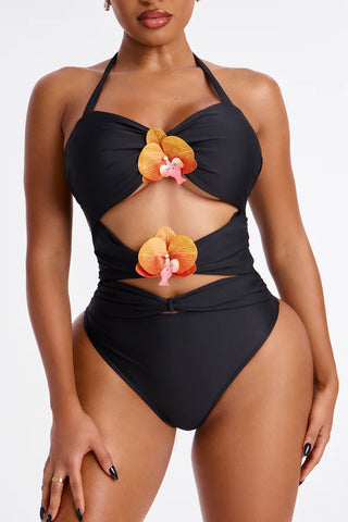 Paradise Orchid Flowers Cutout 1 Piece Swimsuit & Skirt Set