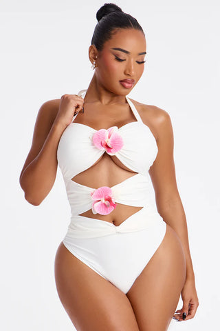 Paradise Orchid Flowers Cutout 1 Piece Swimsuit & Skirt Set