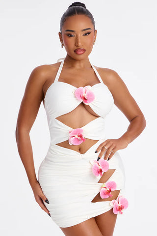 Paradise Orchid Flowers Cutout 1 Piece Swimsuit & Skirt Set