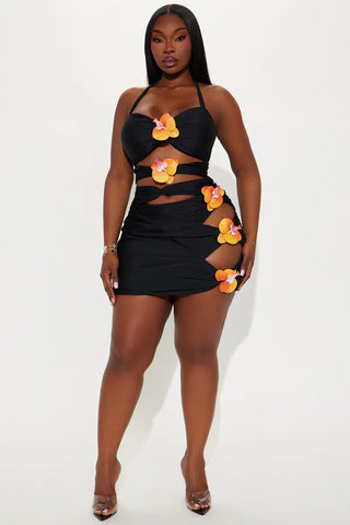 Paradise Orchid Flowers Cutout 1 Piece Swimsuit & Skirt Set