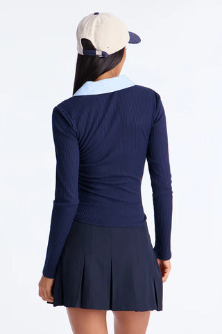 Niamh Long Sleeve Ribbed Collard Top - Navy/combo