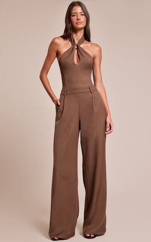 Woven Halterneck Trim Wide Leg Jumpsuit