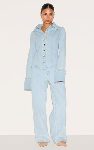 Petite Light Blue Long Sleeve Fitted Denim Shirt