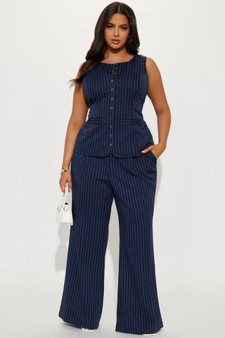 Stephanie Pinstripe Vest Pant Set - Navy