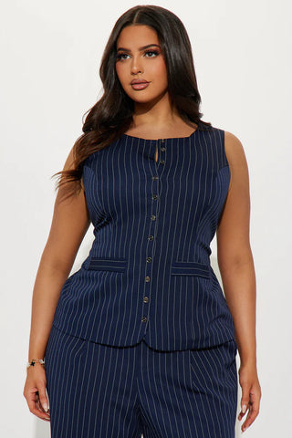 Stephanie Pinstripe Vest Pant Set - Navy