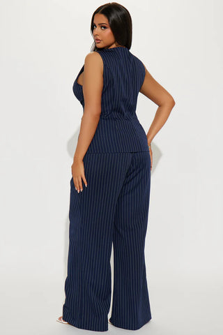 Stephanie Pinstripe Vest Pant Set - Navy