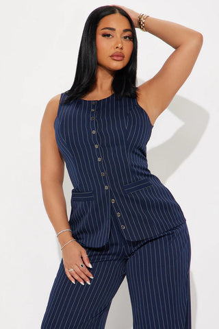 Stephanie Pinstripe Vest Pant Set - Navy